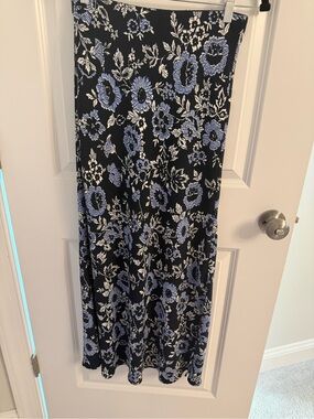 LOFT Black Maxi Skirt with Blue and White Floral Print